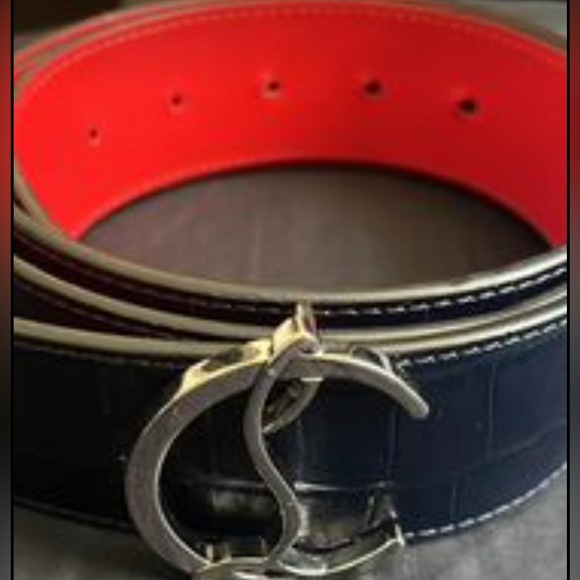 Christian Louboutin Navy Blue/Red Croc Embossed and Leather CL Logo Belt - Picture 1 of 6